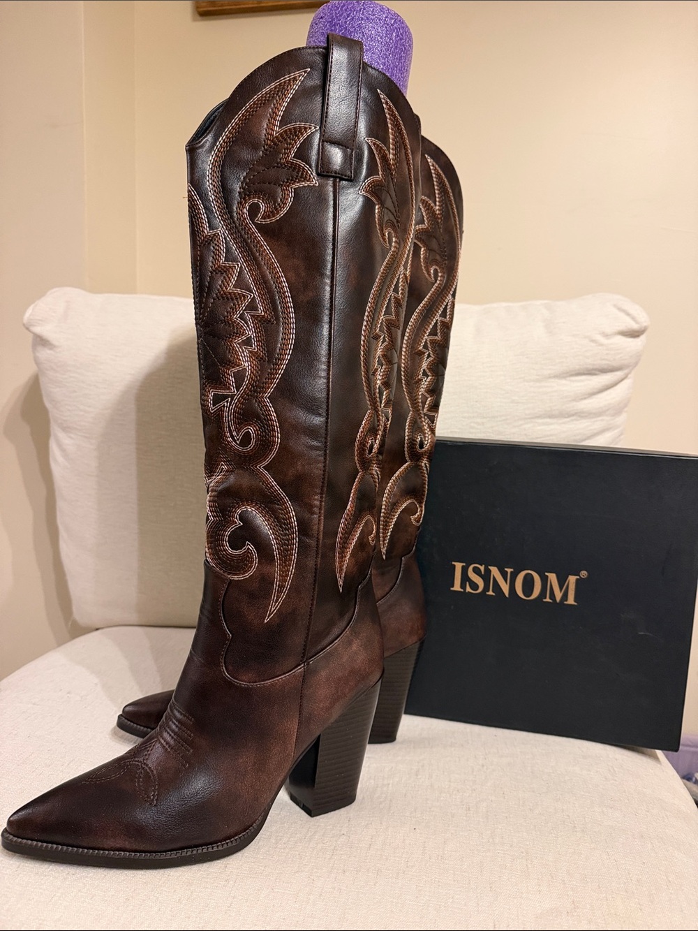 ISNOM Women's Dark Brown Vegan Leather Embroidered Western Heeled Boots